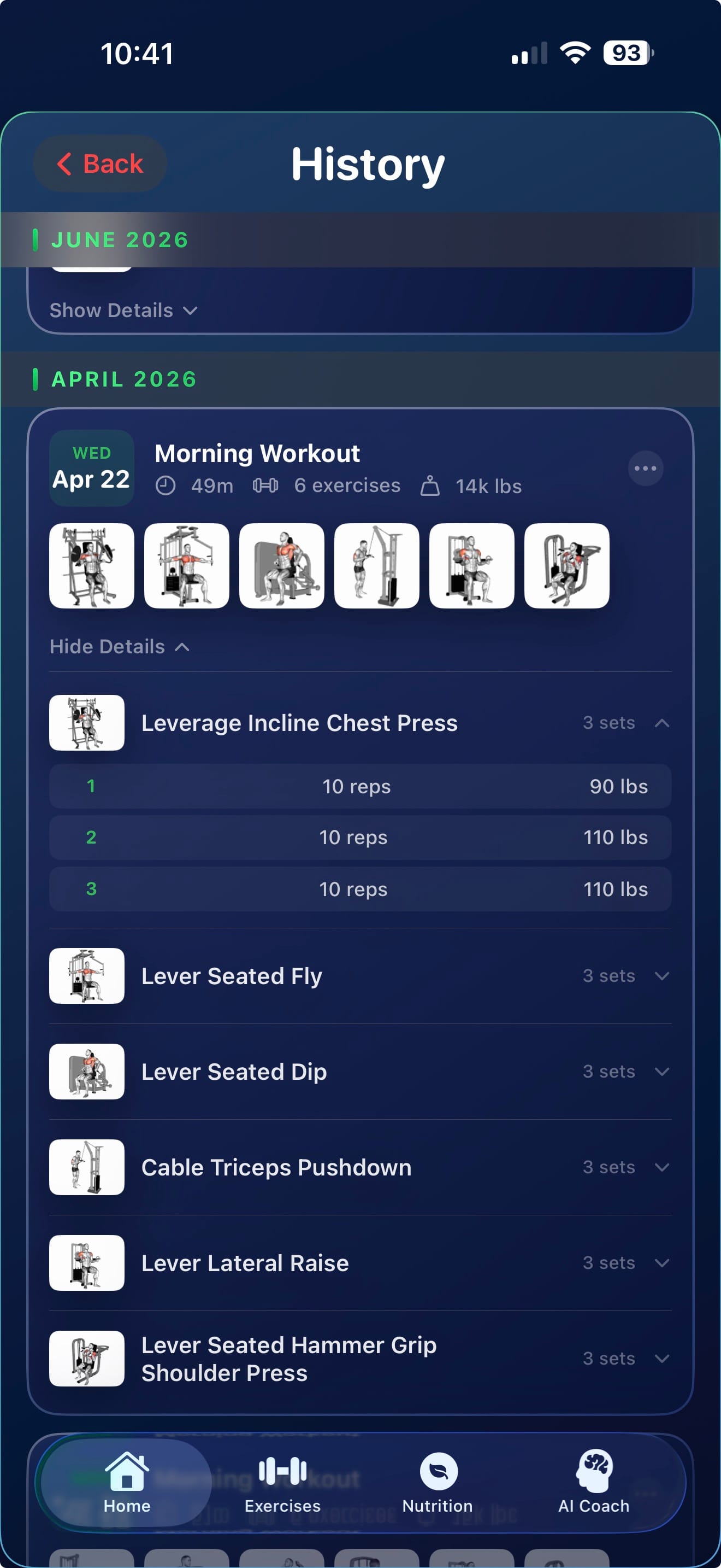 Exercise history showing weight progression over previous sessions