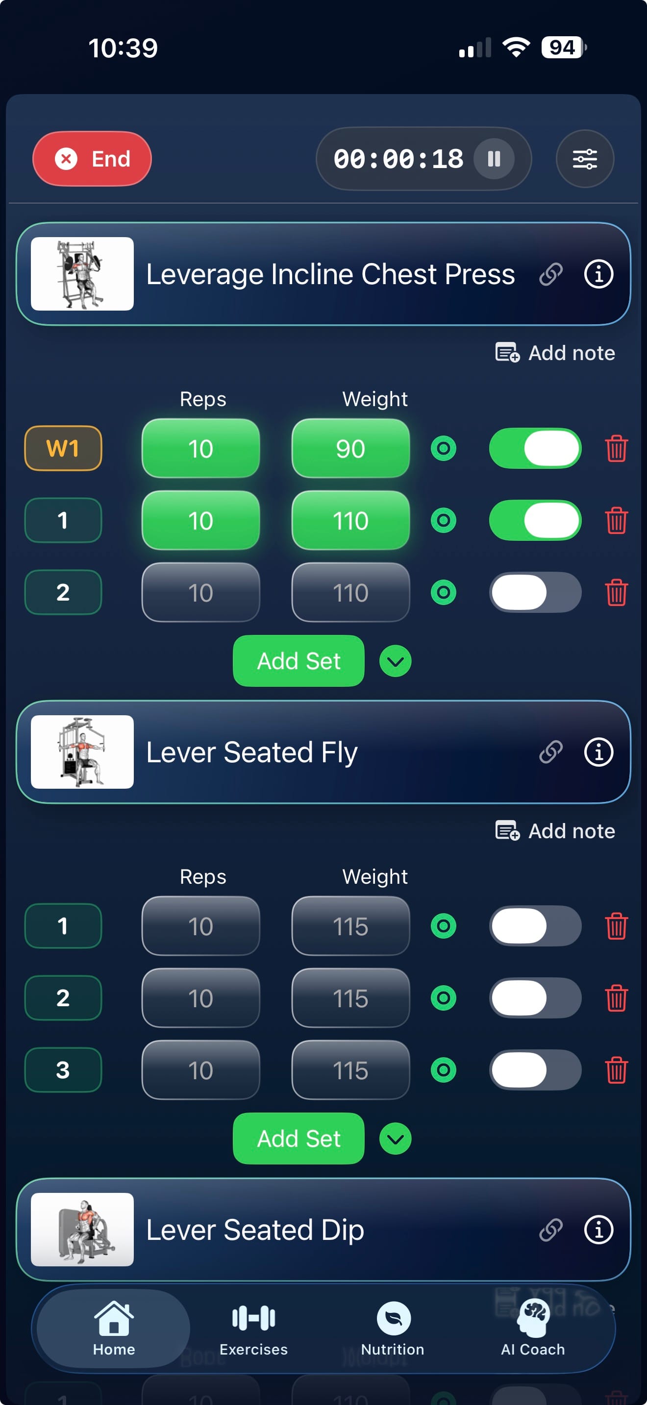 Workout tracker showing previous weights and reps with a rest timer