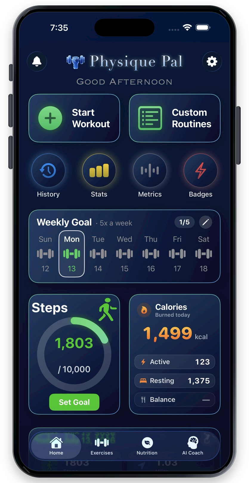 Physique Pal home screen